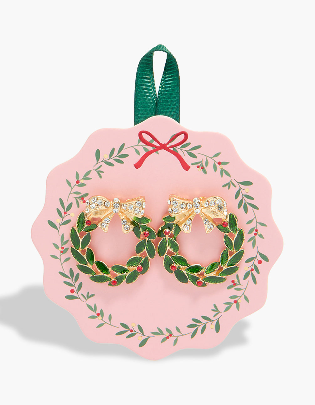 Showcasing gold wreath and bow earrings in statement style featuring leaf elements front view