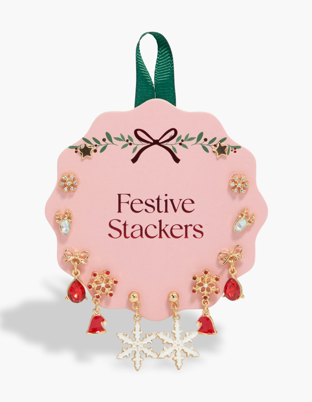 Festive stacked set of gold snowflake and reindeer earrings featuring animal, bells, bows in enamel with stud closure front view