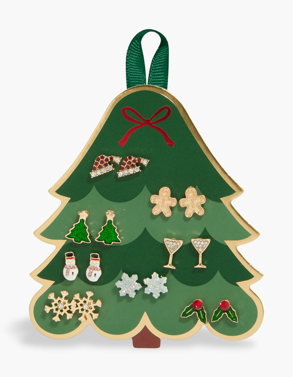 Beautifully packaged Gold Holly & Santa Hat Earrings 8-Pack featuring studs with glitter, drinks, snowflake, and tree designs in white, red, and dark green front view