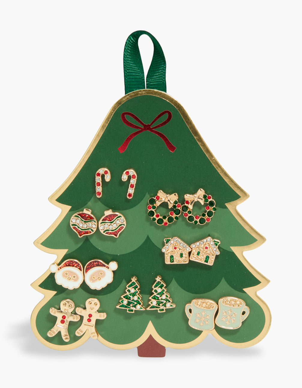 Showcasing gold Santa and wreath stud earrings 8-pack featuring tree, bow, food, drink, and snowflake motifs in red, green, and white front view