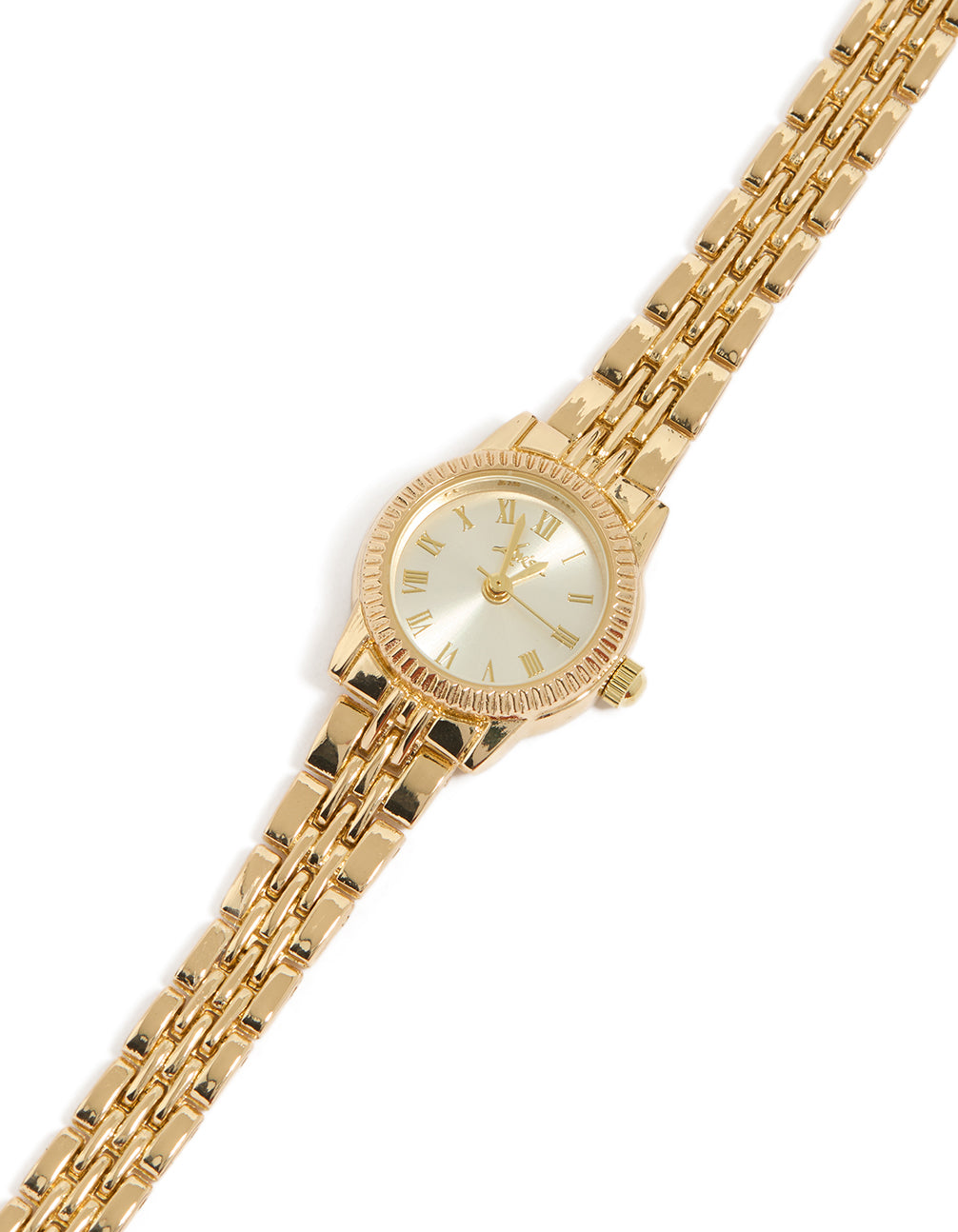 Featuring a gold plated mini round watch with white dial showcasing roman numerals, women's formal analog timepiece with link-band strap and statement styling watch face detail view
