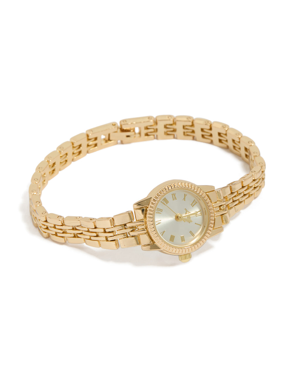 Beautifully crafted, this gold plated mini round watch with white dial showcasing roman numerals, women's formal analog timepiece with link-band strap and statement styling view