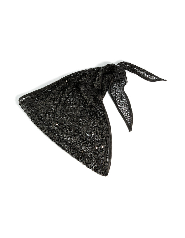 Statement black sequin triangular scarf with glitter and solid print front view