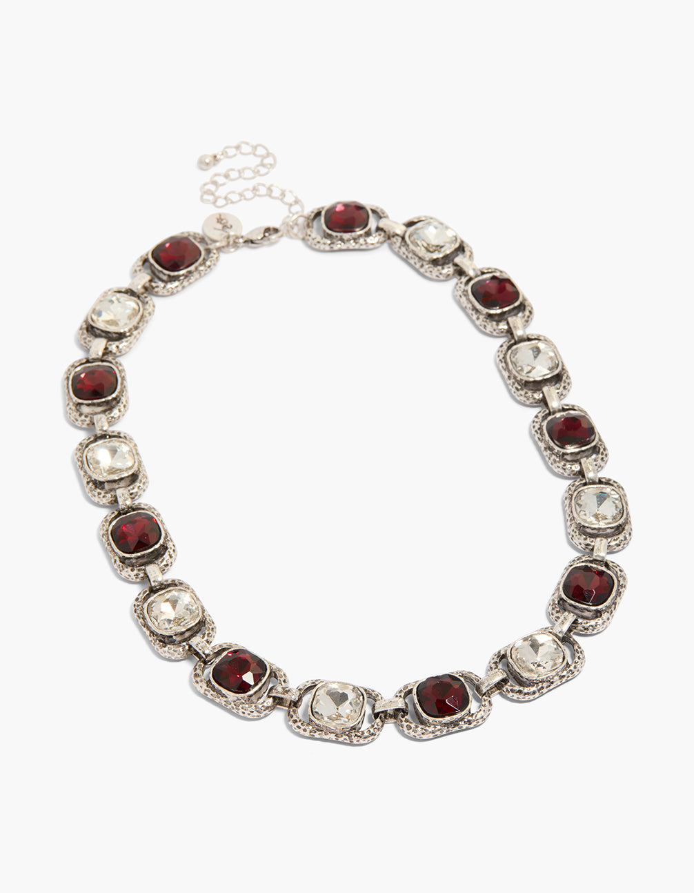 Elegantly designed silver chunky necklace in clear and burgundy diamante front view