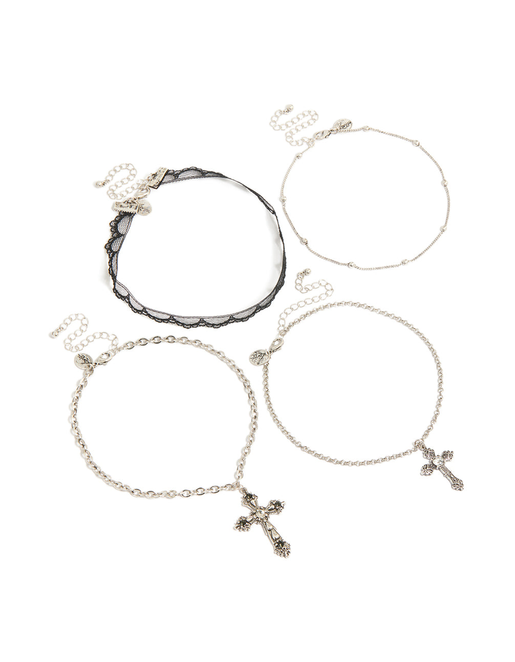 Featuring beaded cross and pearl necklaces in silver and black front view