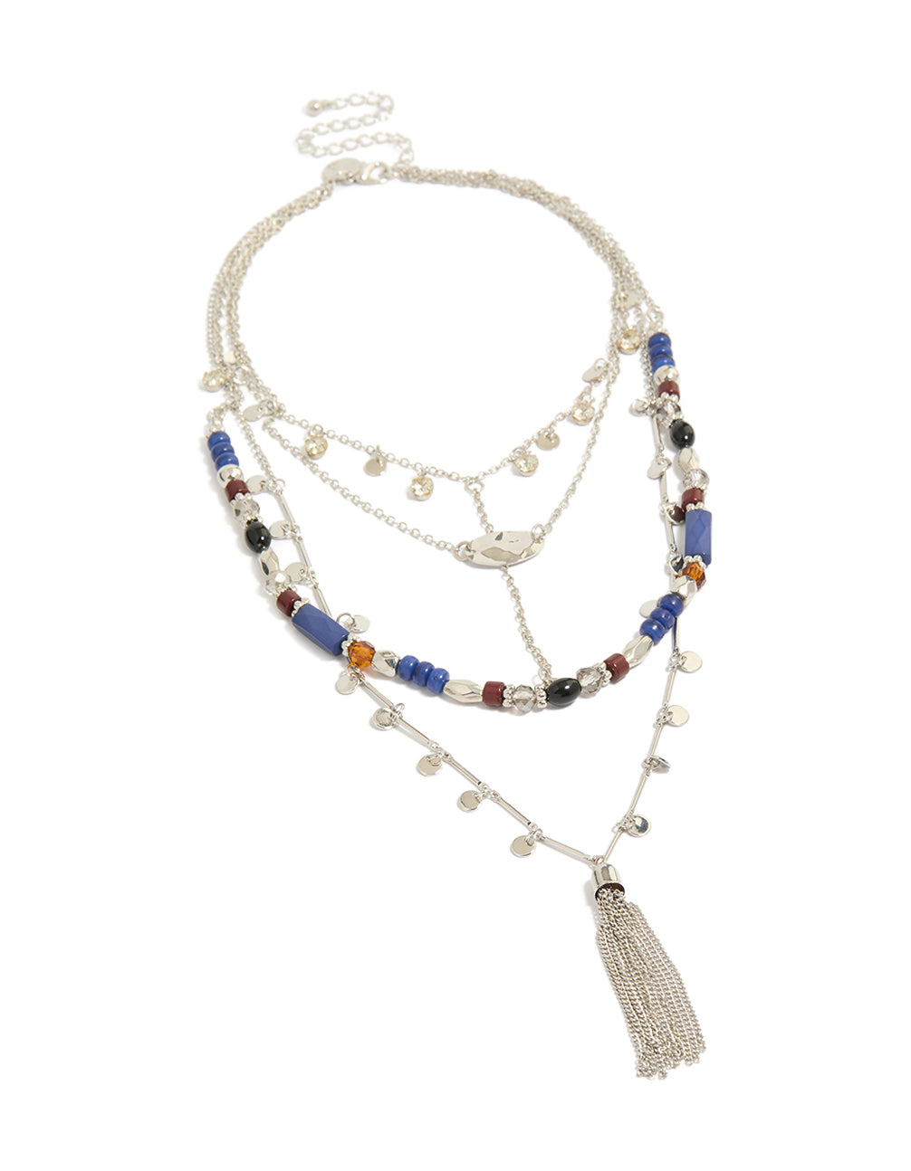 Crafted with cubic zirconia and crystal, this blue and brown beaded layered necklace features a coin and tassel charm disc, finished in silver and shown in a front view