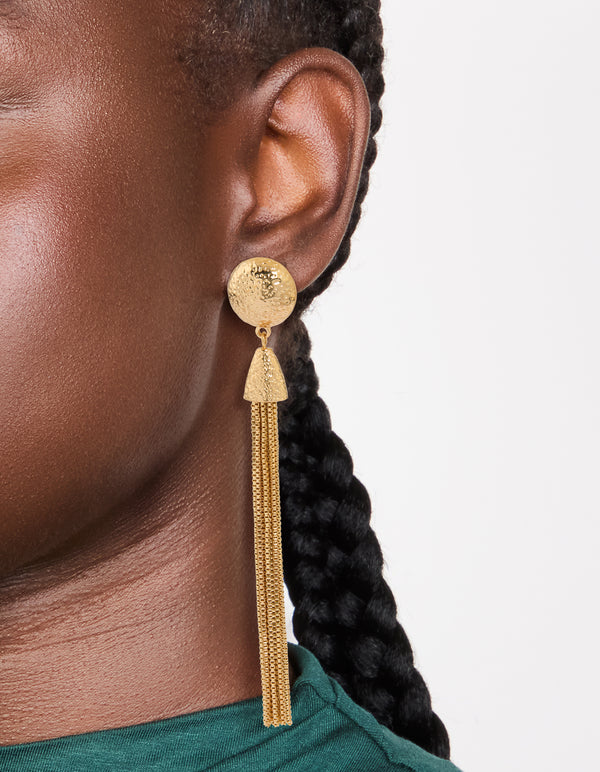 Gold Dome Tassel Drop Earrings