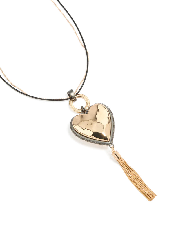 Mixed Metal Chunky Heart Tassel Cord Layered Necklace