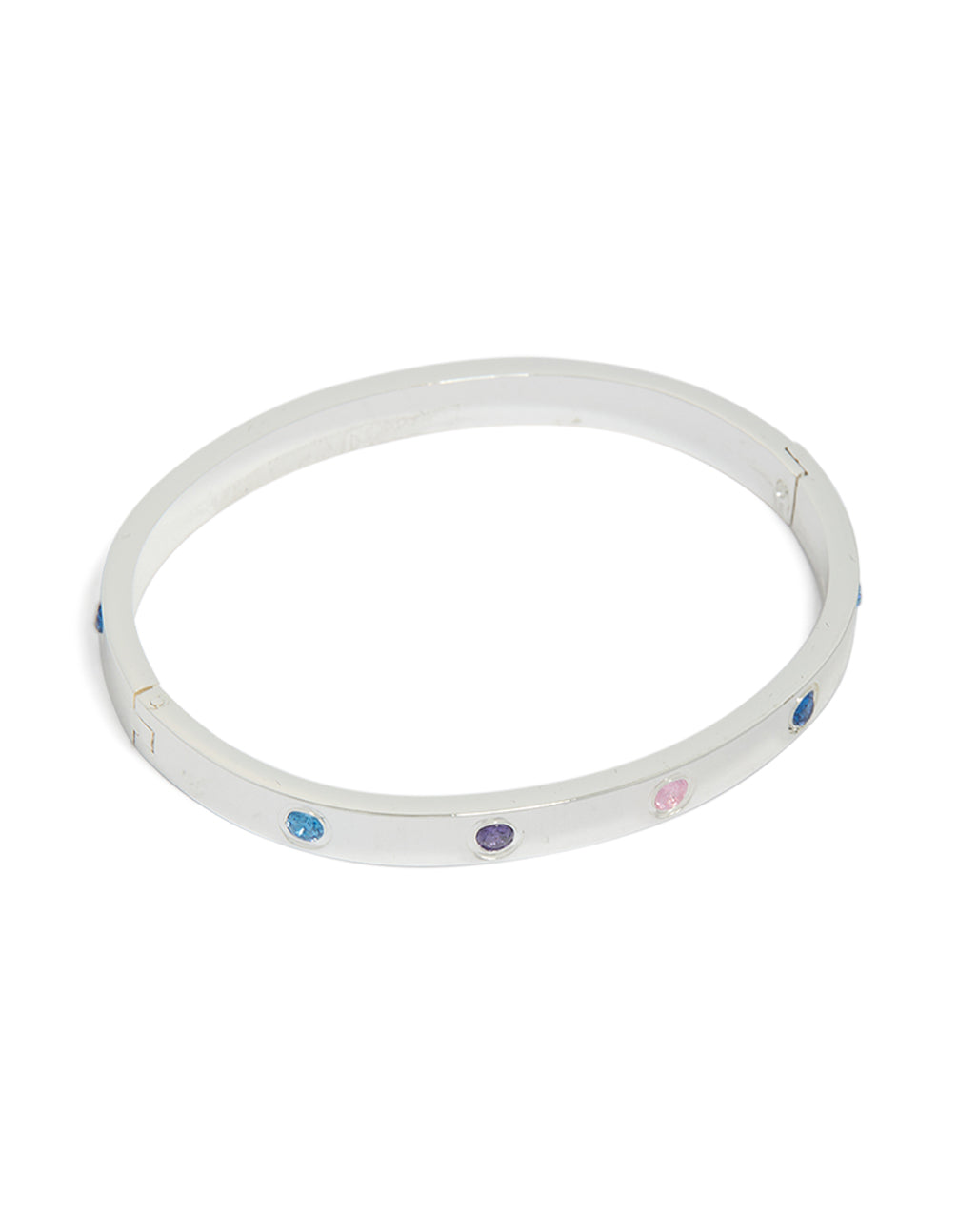 Featuring a waterproof stainless steel bangle with floral cubic zirconia inlay in silver, blue, pink, and purple front view