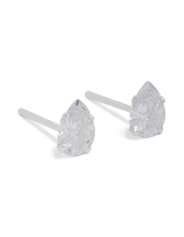 Elegantly crafted sterling silver cubic zirconia pear stud earrings with stone cut design in silver and clear front view