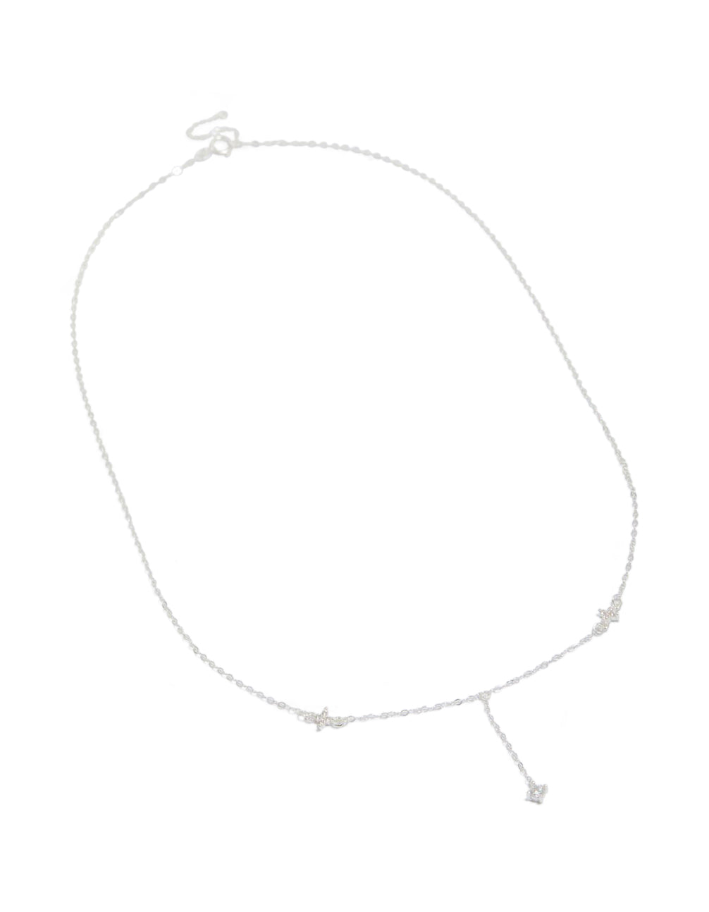 Showcasing a dainty sterling silver cubic zirconia flower Y-necklace featuring floral details and clasp front view
