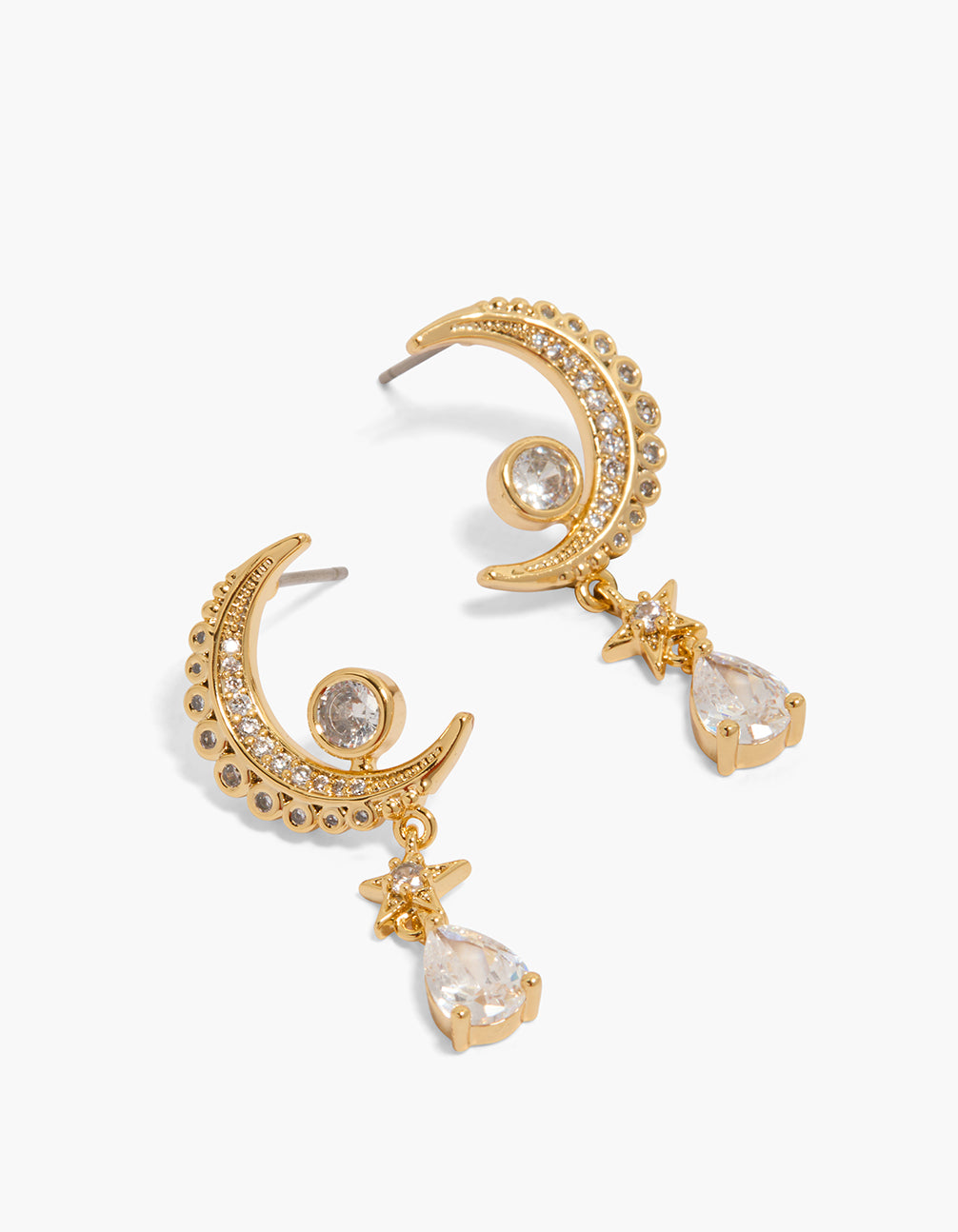 Showcasing gold plated cubic zirconia moon and star teardrop earrings with celestial charm design front view