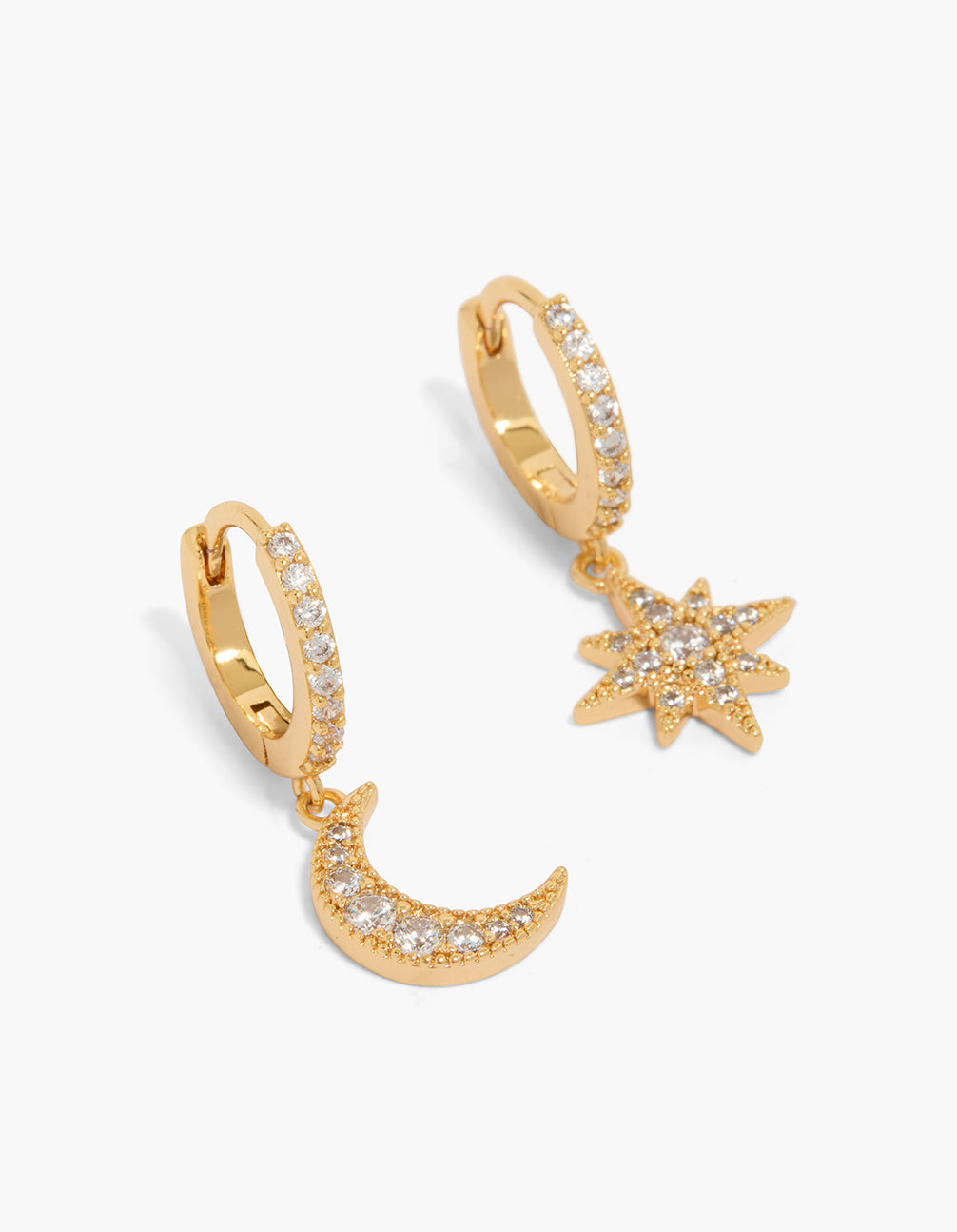 Showcasing gold plated cubic zirconia cluster medium huggie drop earrings with celestial charm front view