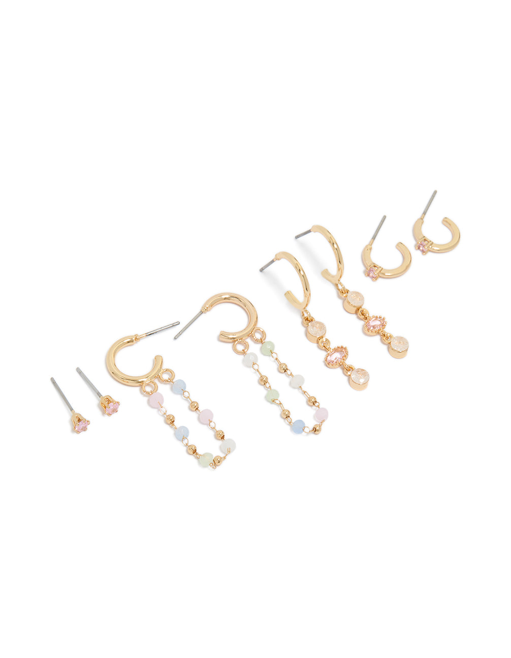 Showcasing a 4-pack of gold plated drop chain earrings featuring cubic zirconia, beads, in light pink and pale turquoise front view