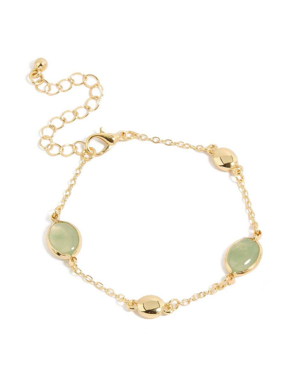 Showcasing a gold plated bracelet featuring oval stone cut in dark sea green front view