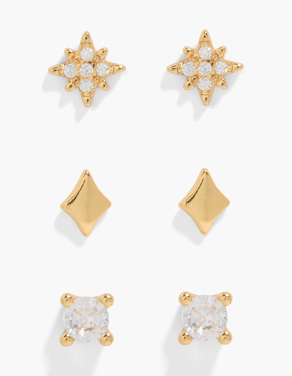 Showcasing a 3-pack of gold plated sterling silver mixed shaped stud earrings featuring celestial star design with cubic zirconia stones, diamond shaped studs, and round stone studs front view