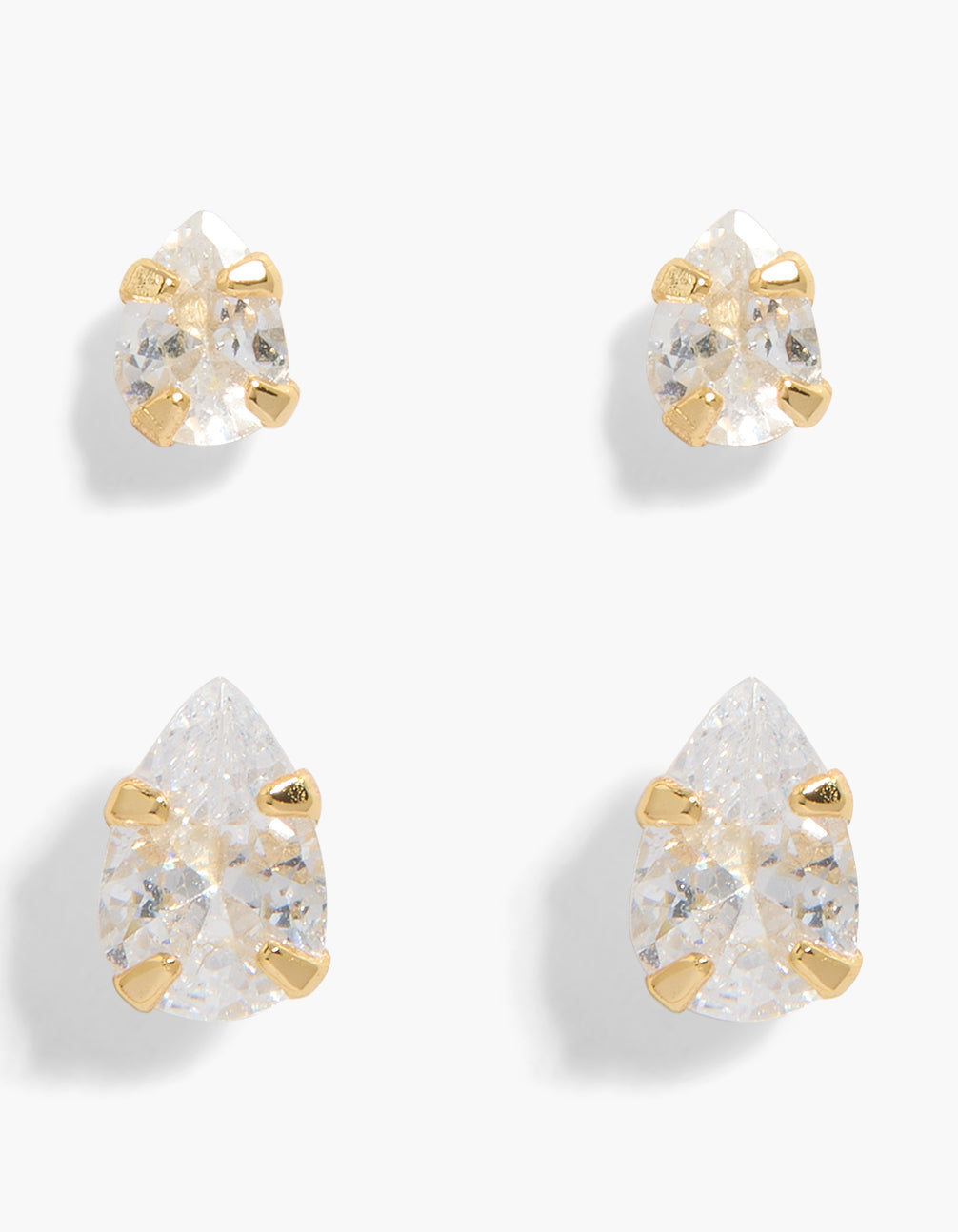 Showcasing gold plated sterling silver cubic zirconia pear stud earrings in a 2-pack front view