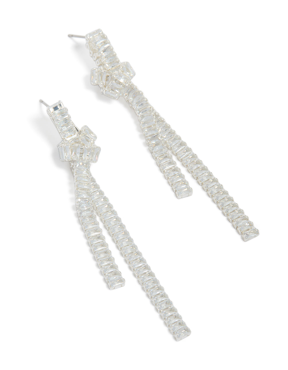 Beautifully crafted silver plated cubic zirconia baguette knot drop earrings in clear front view