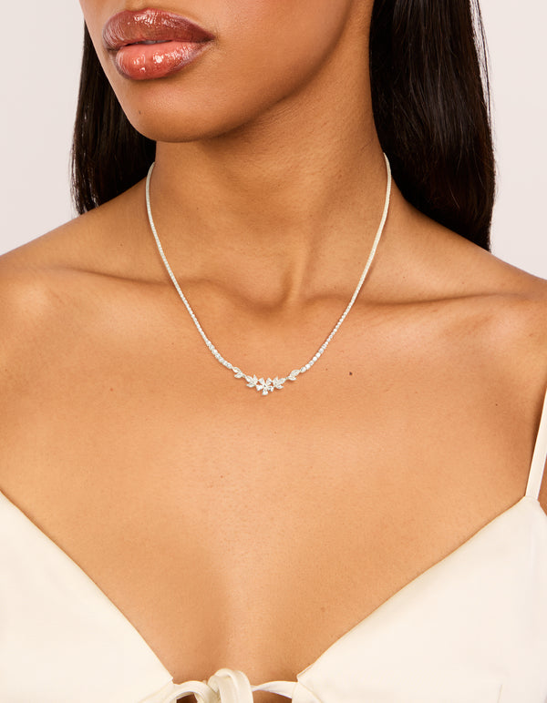 Silver Plated Cubic Zirconia Dainty Floral Cupchain Necklace