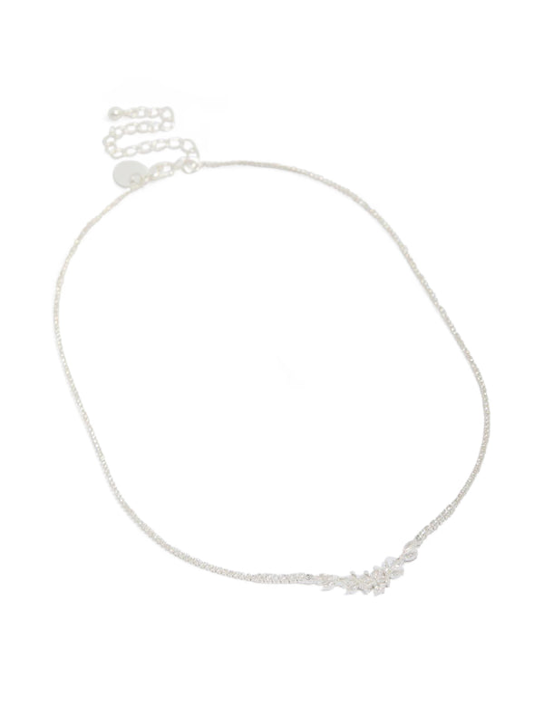Silver plated cubic zirconia dainty floral cupchain necklace with leaf pattern front view