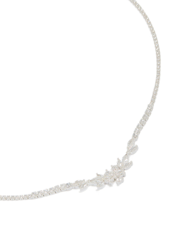 Dainty floral cupchain necklace crafted from silver plated material with cubic zirconia close up view