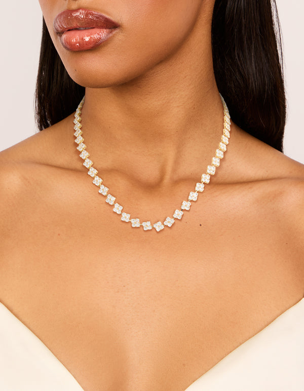 Gold Plated Cubic Zirconia Multi Flower Tennis Necklace