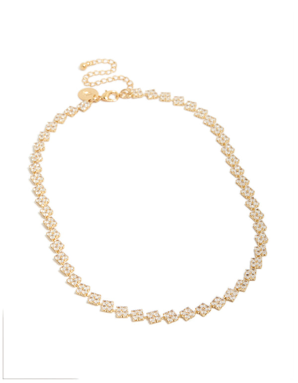 Discover a gold plated cubic zirconia multi flower tennis necklace featuring floral feature, crystal details, and dainty design in front view
