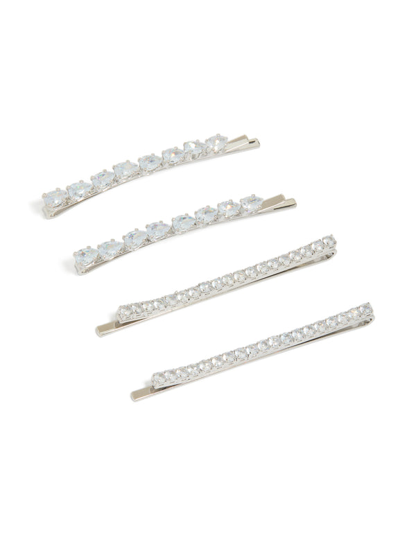 Showcasing a 4-pack of cubic zirconia mixed shape hair slides in silver front view