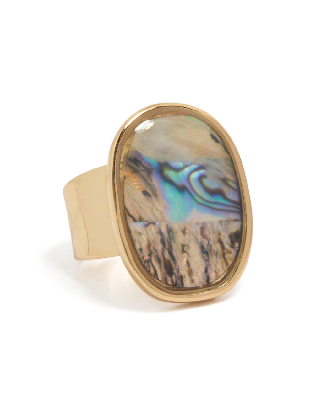 Showcasing a gold vintage oval statement ring with ocean accents and pale turquoise tan purple tones front view