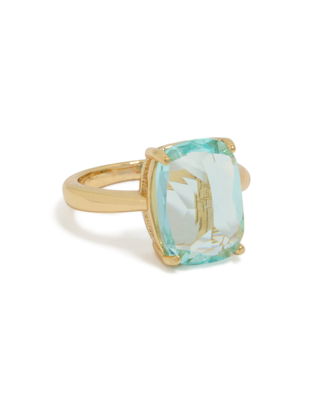 Showcasing a gold plated classic statement ring with square aqua crystal cubic zirconia front view