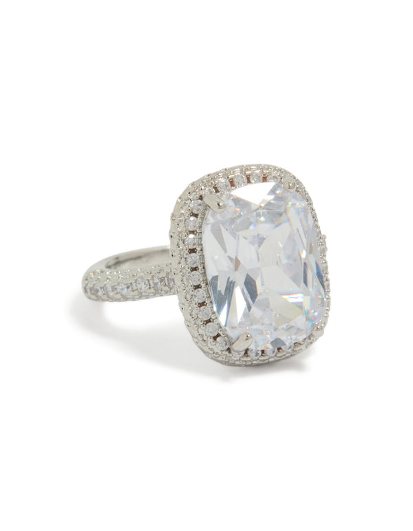 Elegant statement ring featuring cushion cut cubic zirconia with halo setting in crystal and silver front view