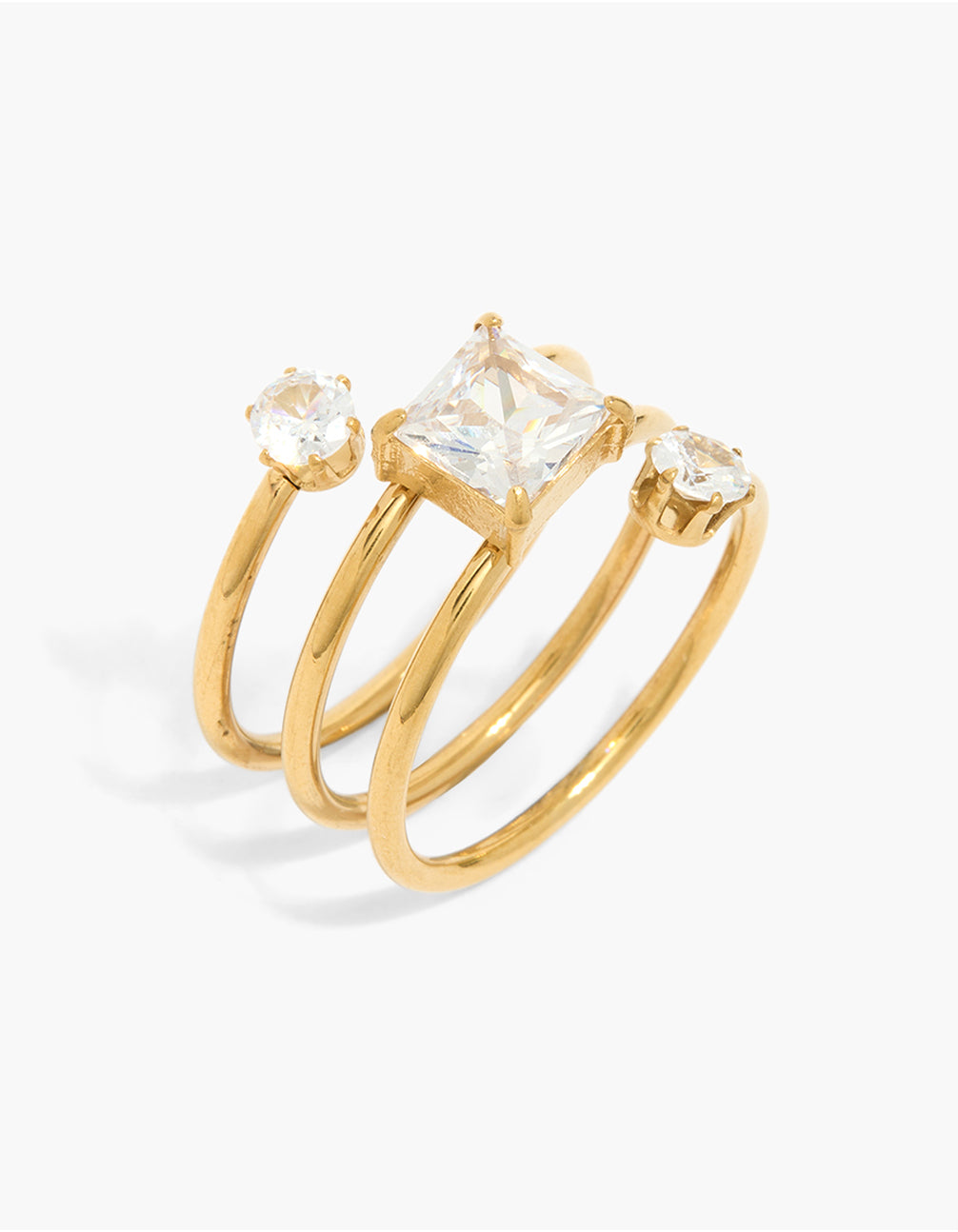 Showcasing a waterproof stainless steel open layered wrap ring in gold plated finish featuring cubic zirconia stones front view