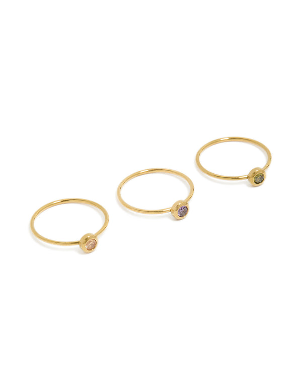 Beautifully crafted gold plated stainless steel dainty cubic zirconia circle rings in a 3-pack with multicolored stones front view