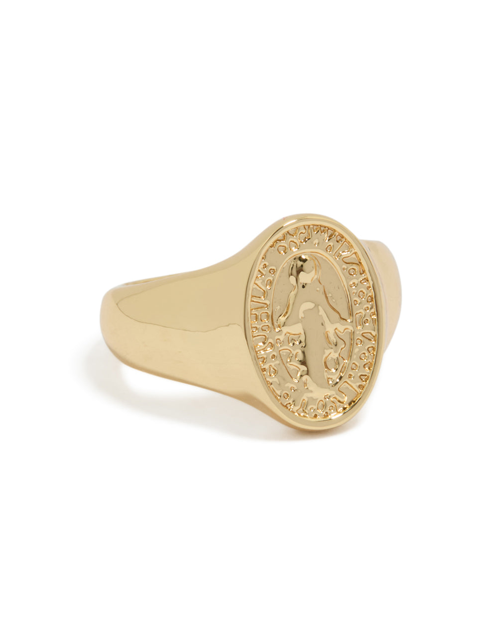 Crafted from gold plated material, this statement signet ring front view