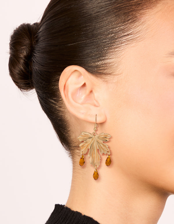 Gold Floral Orange Beaded Drop Earrings