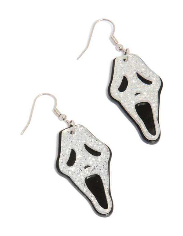 Statement drop earrings featuring acrylic ghost face with glitter in black, and silver front view