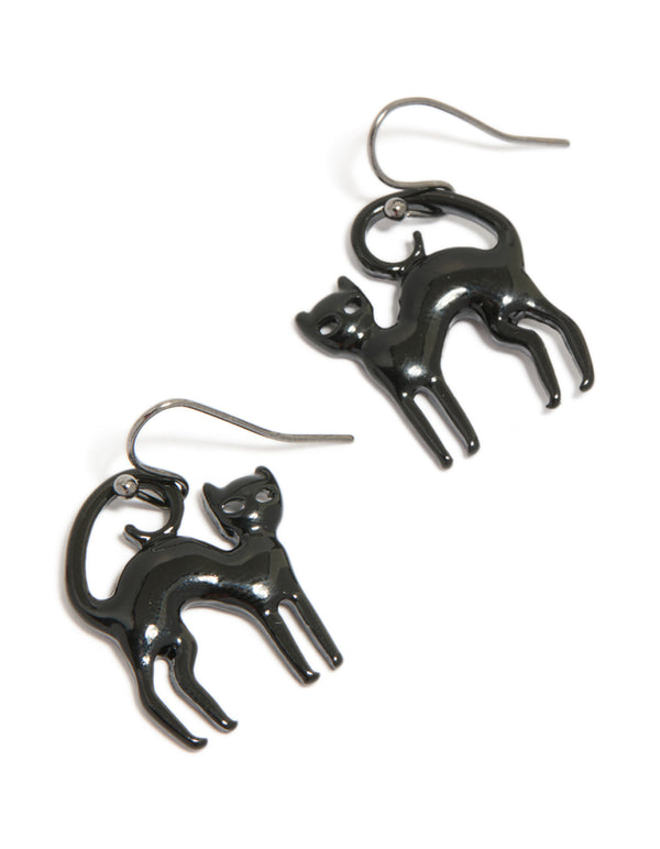 Showcasing black coated metal cat drop earrings in statement style front view