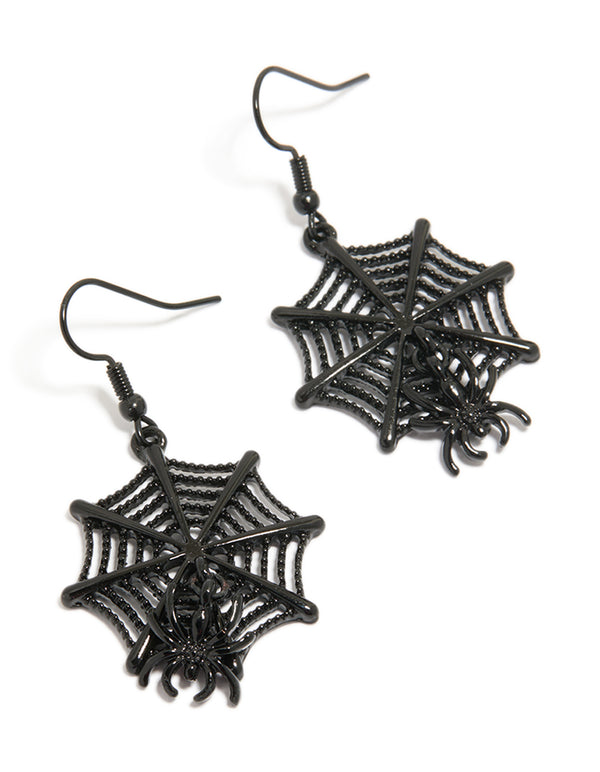 Showcasing statement drop earrings featuring black coated metal spiderweb and spider animal design front view