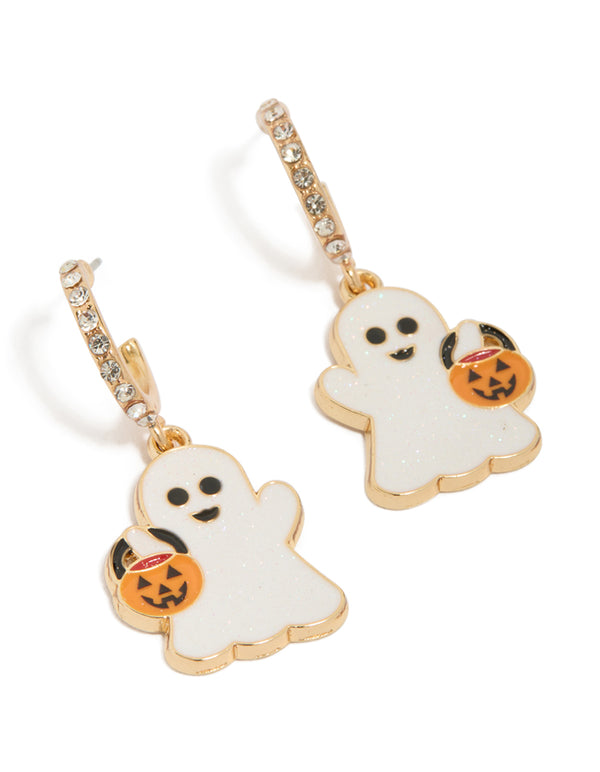 Showcasing gold ghost and pumpkin huggie earrings featuring white enamel and orange accents front view
