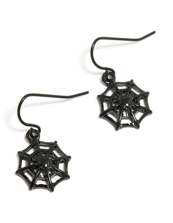 Showcasing black coated metal spiderweb drop earrings with statement style front view