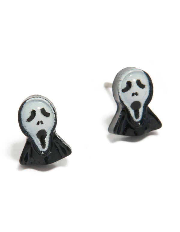 Showcasing Ghost Face stud earrings in white and black front view