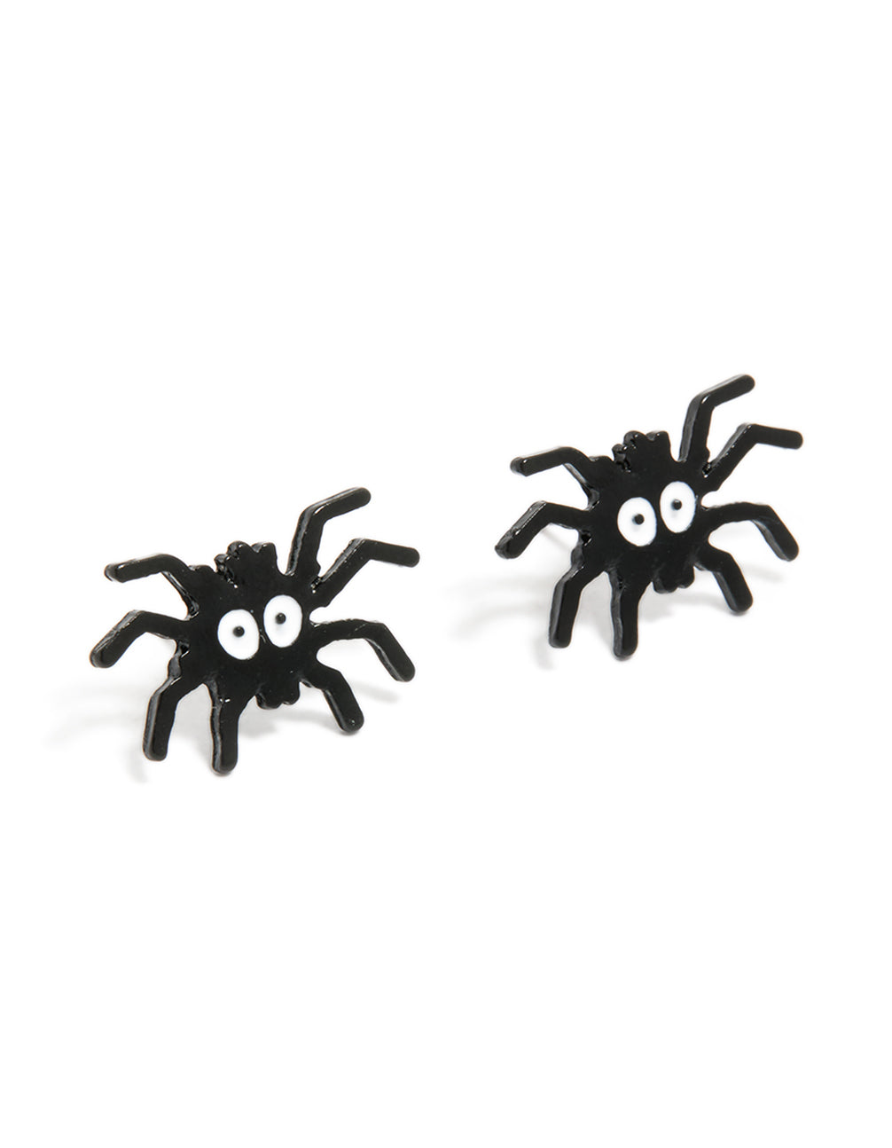 Showcase a playful pair of black coated metal spider face stud earrings in white and black front view