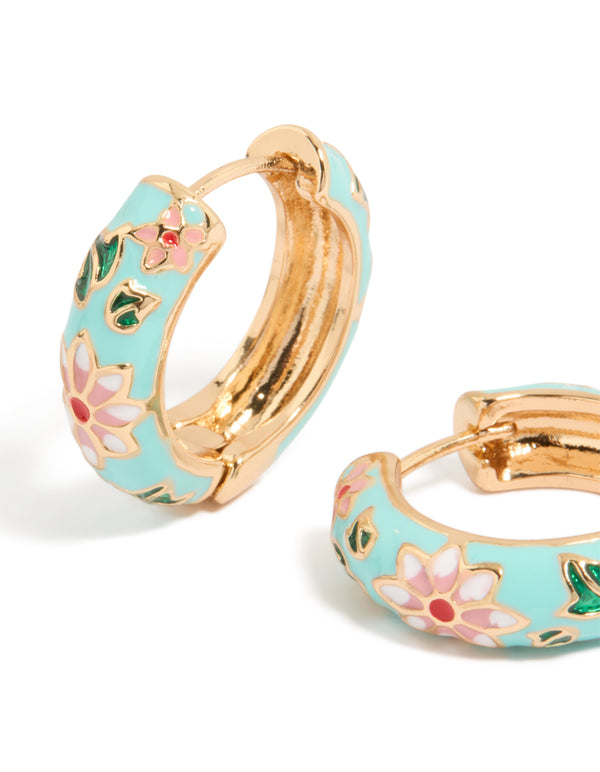 Designed with floral and leaf pattern, these thick huggie earrings in turquoise enamel, gold, pink, and green showcase huggie closure close up view