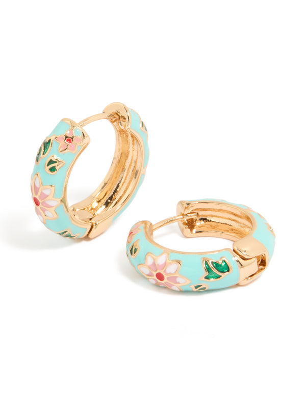 Showcasing thick huggie earrings with floral and leaf design in turquoise enamel, gold, pink, and green huggie closure front view