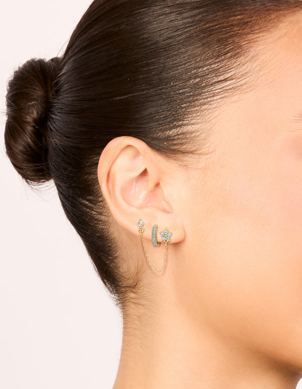 Gold Light Blue Cubic Zirconia Chain Flower & Huggie Earrings Pack