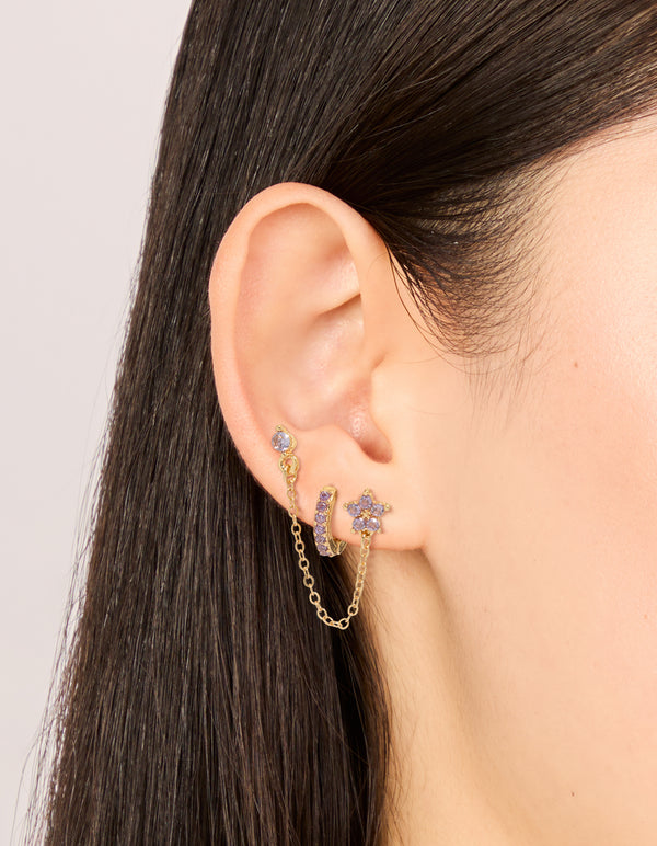 Gold Lilac Cubic Zirconia Chain Flower & Huggie Earrings Pack