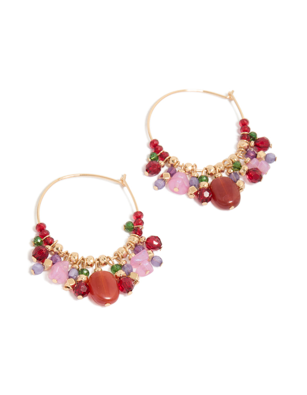 Showcase a pair of statement hoop earrings featuring beads and charms in gold, red, pink, and green tones front view