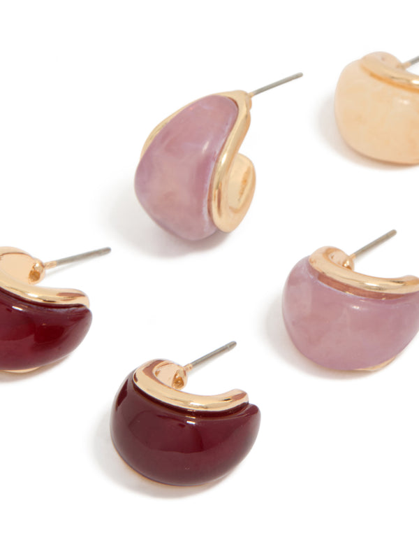 Gold Burgundy & Pink Acrylic Bubble Hoop Earrings 3-Pack
