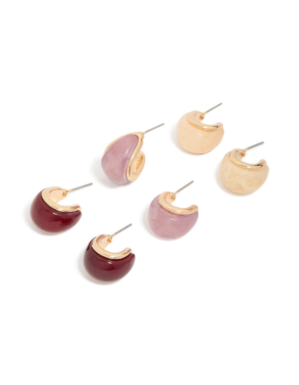 Gold Burgundy & Pink Acrylic Bubble Hoop Earrings 3-Pack