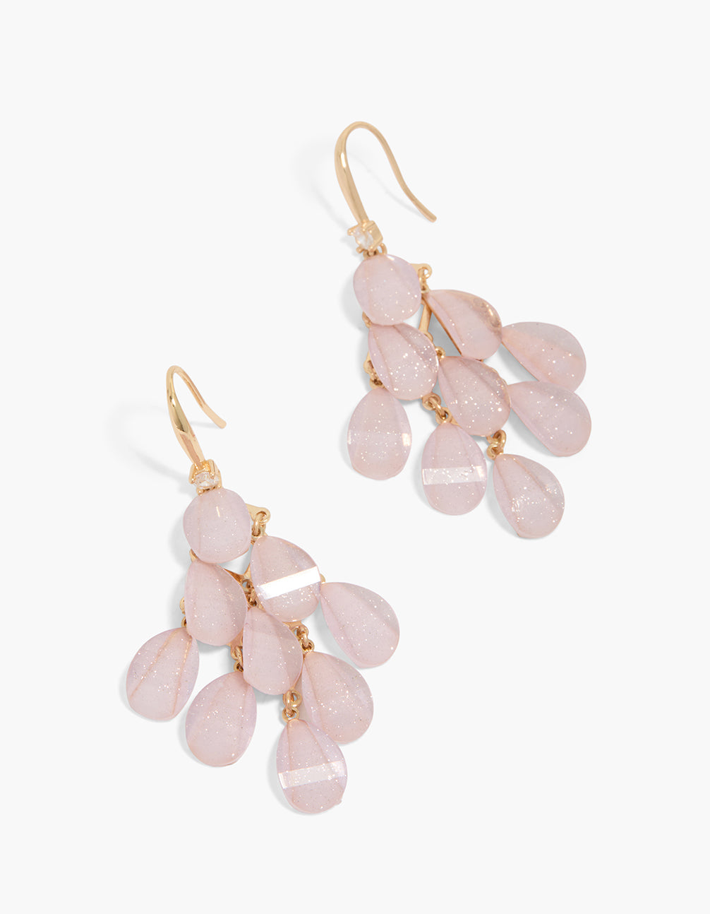 Showcasing statement drop earrings with charm, glitter, cubic zirconia and crystal in pink and gold front view